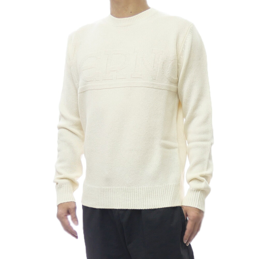 HERNO ヘルノ メンズ クルーネック ニット セーター MG000192U 70100 オフホワイトウール100％ ロゴ 30代 40代｜TRE STYLE
