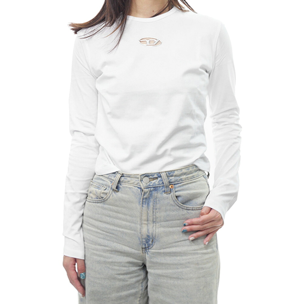 DIESEL ディーゼル レディース クルーネック ロングTシャツ A19348 0CLBR / T-UNCUTE-LONG-LS-OD ホワイト ロゴ 長袖 カットソー｜TRE STYLE