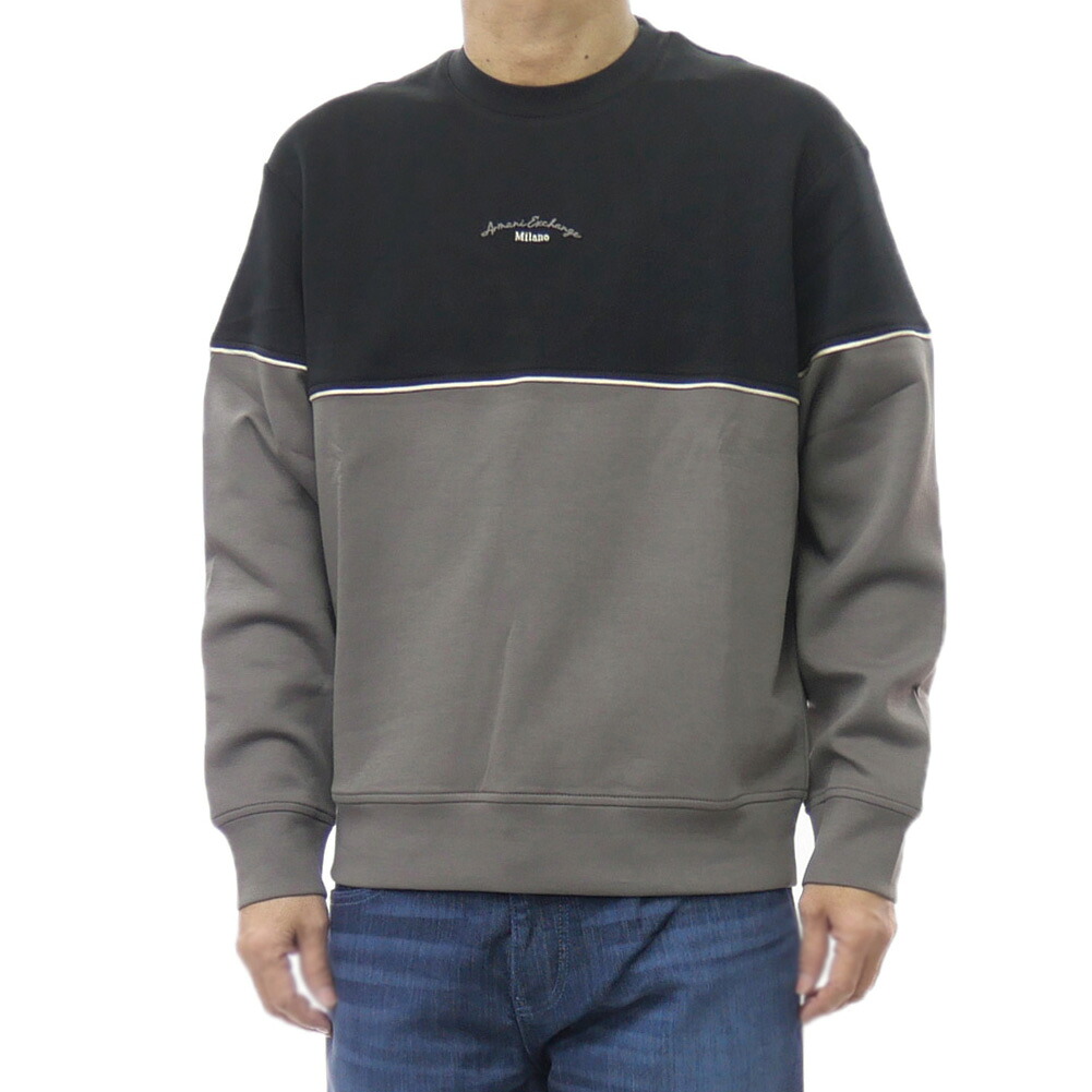 ARMANI EXCHANGE アルマーニ エクスチェンジ A/X メンズ スウェット XM001033 AF13047 ブラック&times;グレージュ ロゴ刺繍 トレーナー プルオーバー トップス 長袖 カジュアル 30代 40代 50代｜TRE STYLE