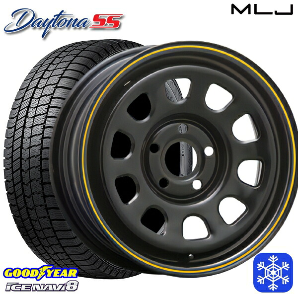 195/65R15 ルノーカングーKW系 2024～2025年製 グッドイヤー アイスナビ8 NAVI8 MLJ デイトナSS ブラック(イエローライン) 15インチ 6.0J 5H108 +30 スタッドレスタイヤホイール4本セット｜トレッド新横浜師岡店