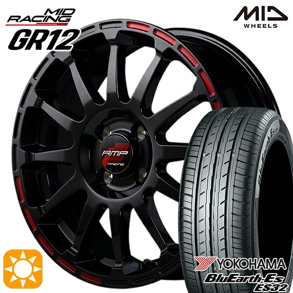 【取付対象】175/60R16 82H ヨコハマ ブルーアース ES32 MID RMPレーシング GR12 クリスタルブラック/ストロボレッド 16インチ 6.0J 4H100 サマータイヤホイールセット