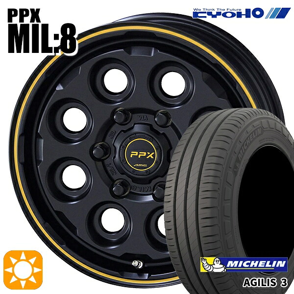 【取付対象】200系ハイエース 215/65R16C 109/107T ミシュラン アジリス3 KYOHO PPX MIL:8 セミグロスブラック×イエローライン 16インチ 6.5J 6H139.7 サマータイヤホイールセット