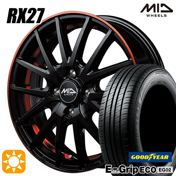 【取付対象】フィット アクア 185/60R15 84H グッドイヤー エフィシェントグリップ EG02 MID シュナイダー RX27 ブラック/リム＆アンダーカットポリッシュ＋レッドクリア 15インチ 5.5J 4H100 サマータイヤホイールセット ｜トレッド新横浜師岡店