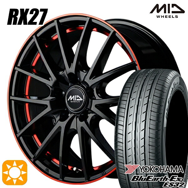 【取付対象】215/55R17 94V ヨコハマ ブルーアース ES32 MID シュナイダー RX27 ブラック/リム＆アンダーカットポリッシュ＋レッドクリア 17インチ 7.0J 5H114.3 サマータイヤホイールセット