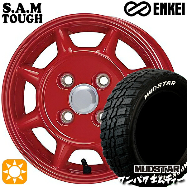 【取付対象】155/65R14 75S WL マッドスター ワンパク M/T ホワイトレター ENKEI S.A.M タフ レッド 14インチ 5.0J 4H100 サマータイヤホイールセット