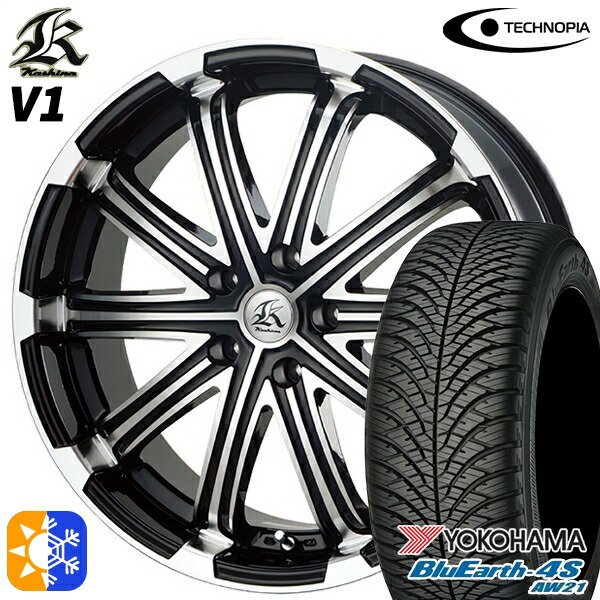 235/50R18 101Y XL ヨコハマ ブルーアース 4S AW21 テクノピア カシーナ V1 ブラックポリッシュ 18インチ 7.0J 5H114.3 オールシーズンタイヤホイールセット