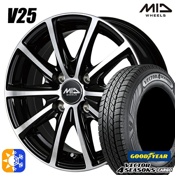 軽トラ 145/80R12 80/78N ベクター フォーシーズンズ カーゴ MID ユーロスピード V25 12インチ 4.0J 4H100 ブラックポリッシュ オールシーズンタイヤホイールセット ｜トレッド新横浜師岡店