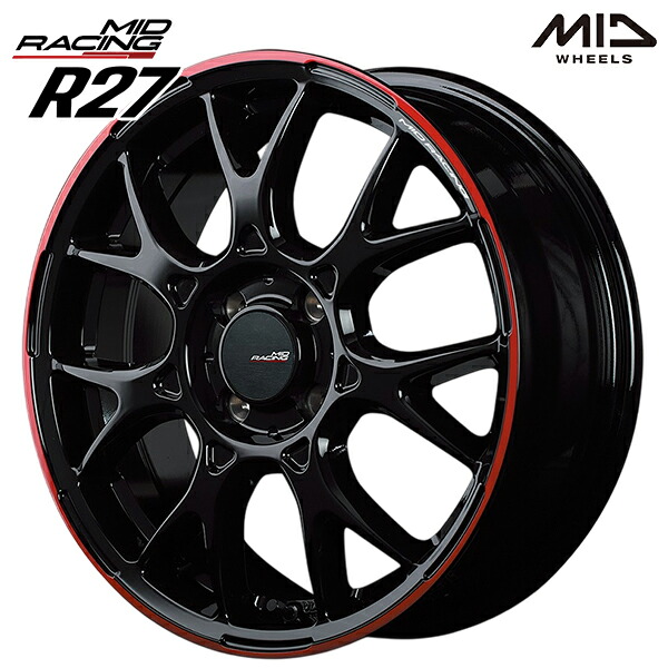 16インチ 6.0J 4H100 +43 MID RMP レーシング R27 ブラック/リムレッドライン アルミホイール単品 4本（1台分） 送料無料