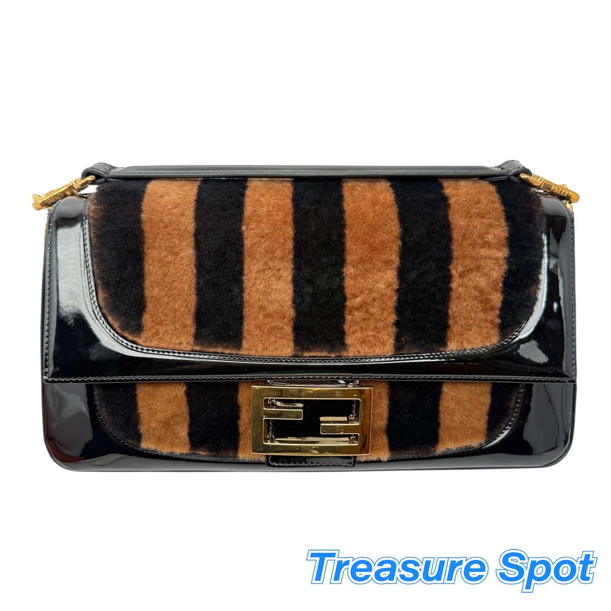 FENDI フェンディ ぺカンバ毛布 エナメル×毛皮 ストラップ付き添い人 黒いこと×赤銅色 貨物輸送無料 【トレジャースポット】【中古】
