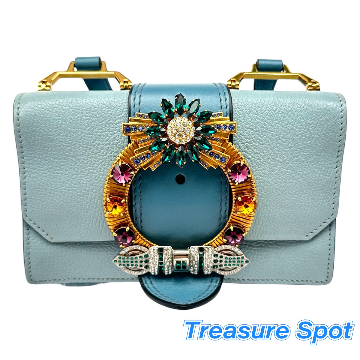 ミュウミュウ MIUMIU マドラスビジューショルダーバッグ なめし革 青み系 ゴールド金具 カーフレザー ゴートレザー 貨物輸送無料 【トレジャースポット】 中古