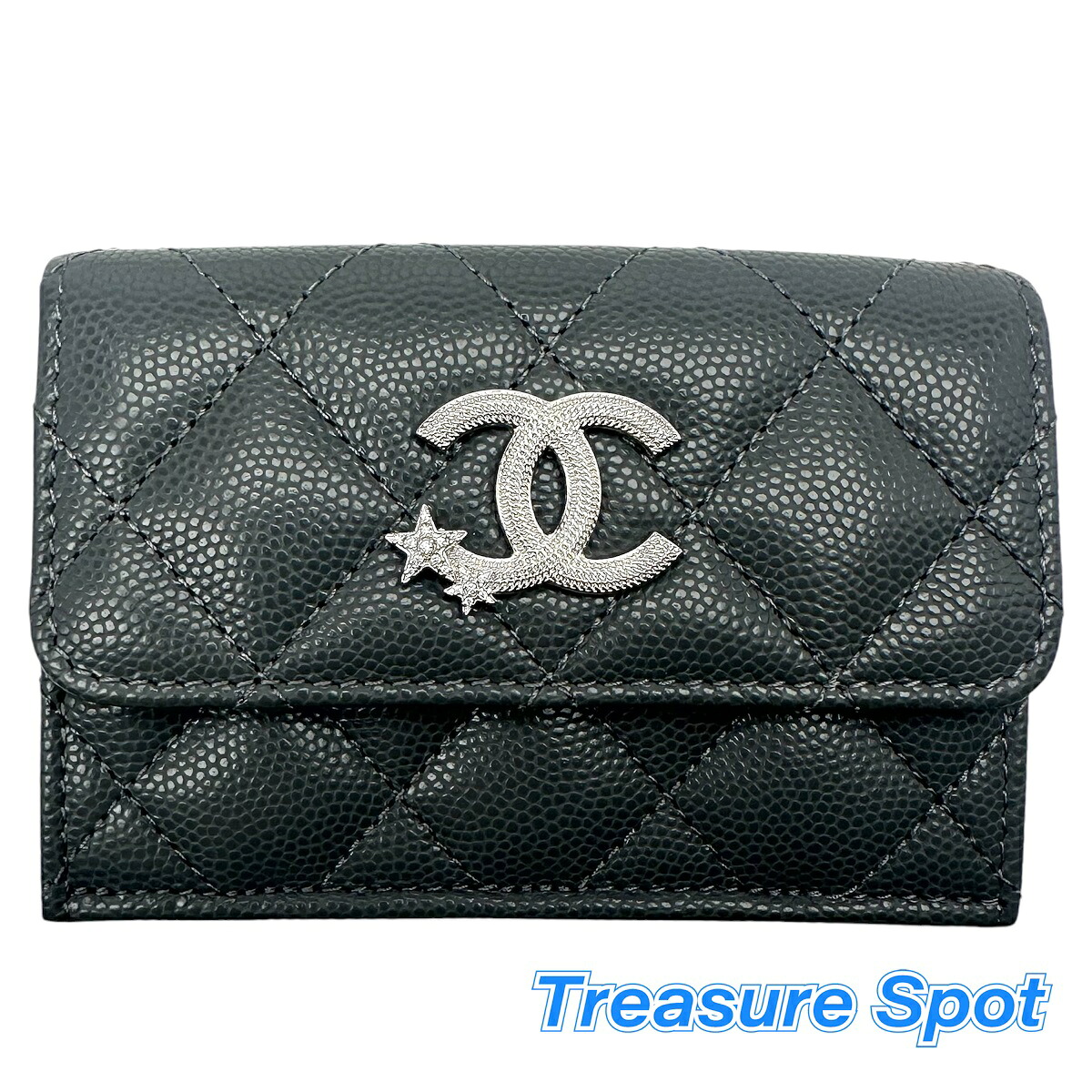シャネル CHANEL スモールフラップウォレット 薄墨色 しろがね色金具 キャビア人はだ 貨物輸送無料 美品【トレジャースポット】【中古】