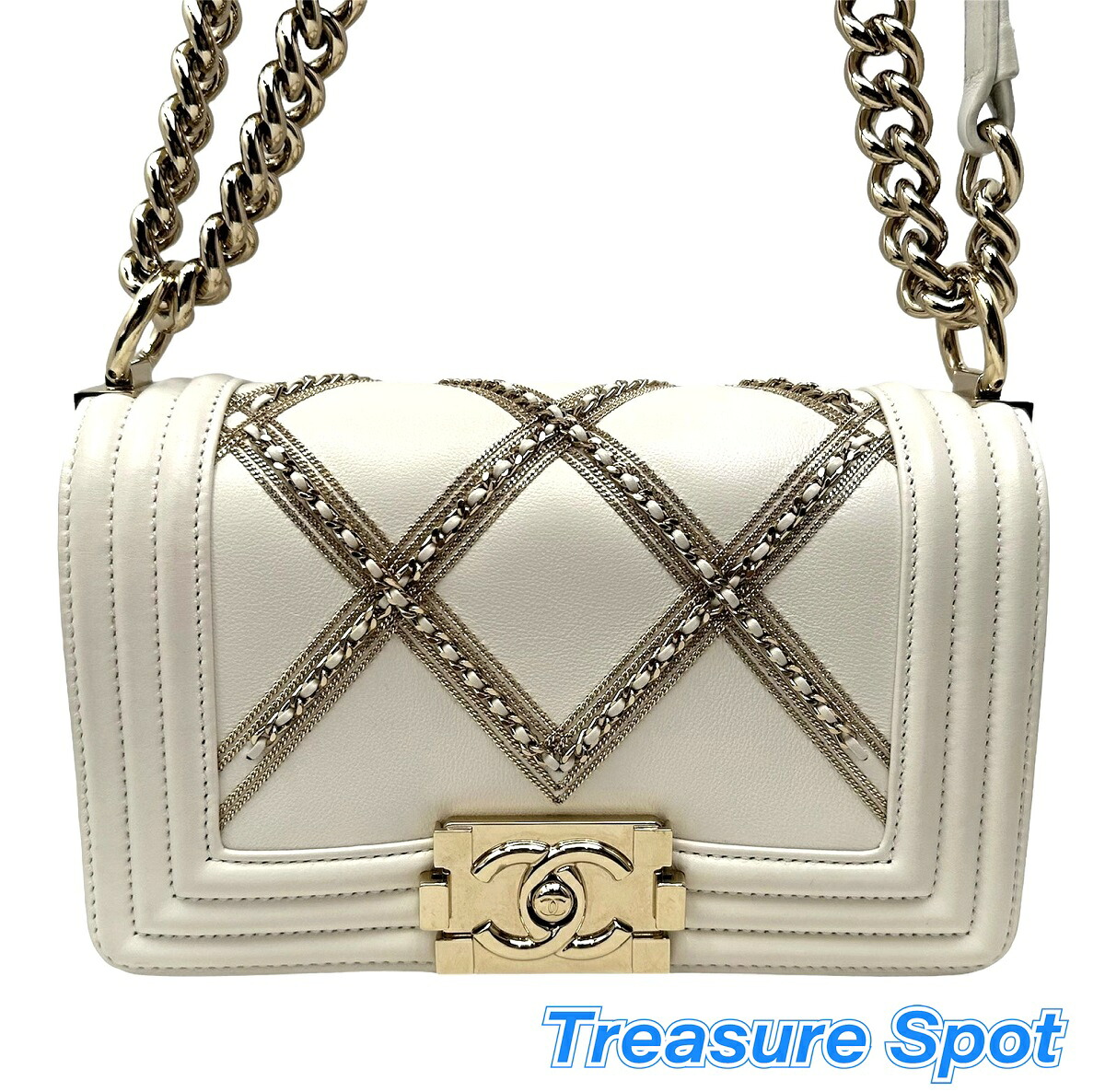シャネル CHANEL ボーイシャネル チェーンバッグ レザー ホワイト 送料無料 レア商品 【トレジャースポット】【中古】