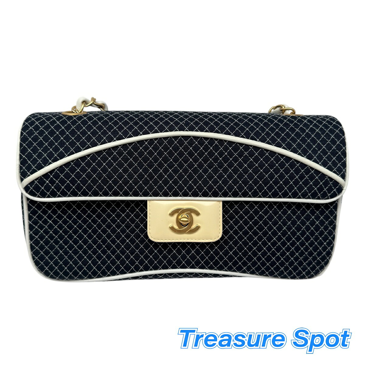 シャネル　CHANEL　チェーンショルダーバッグ　ワンショルダー　キルティング&times;レザー　ネイビー&times;ホワイト　Ｇカード付　色焼けあり　未使用展示品【中古】【トレジャースポット】送料無料｜Treasure　Spot