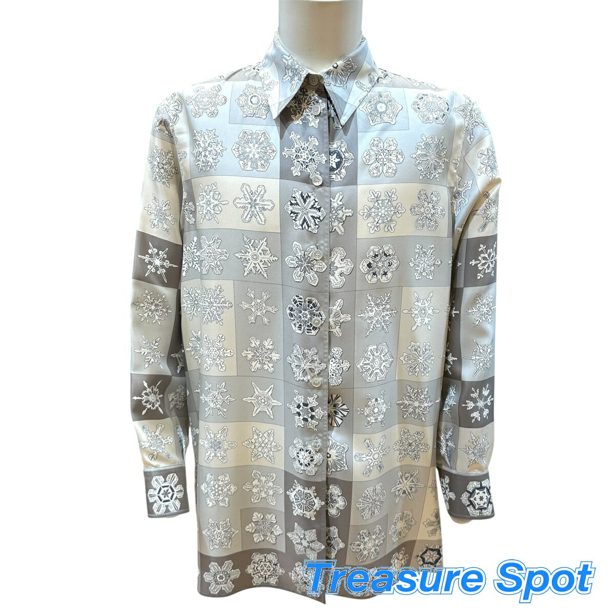 エルメス　HERMES ブラウス　結晶柄　#38　ライトグレー系　シルク100%　【トレジャースポット】【中古】｜Treasure　Spot