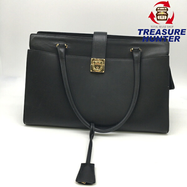 【中古】Salvatore Ferragamo　フェラガモ　ガンチーニ　レザートートバッグ　ブラック　DY-21　E525 レディース　黒　革　鞄 【102040170002】