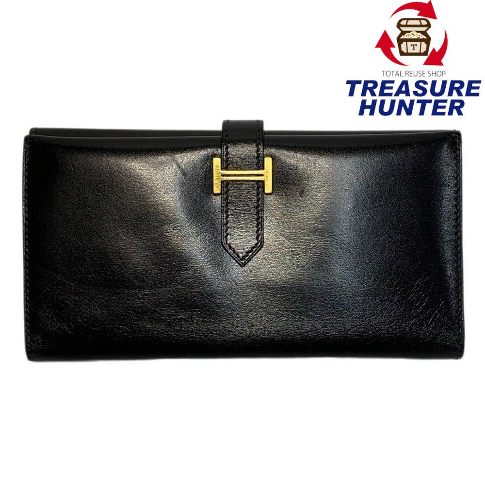 HERMES エルメス ベアン 子ウシ 長紙入れ 黒いこと ゴールド金具 【240005004077】