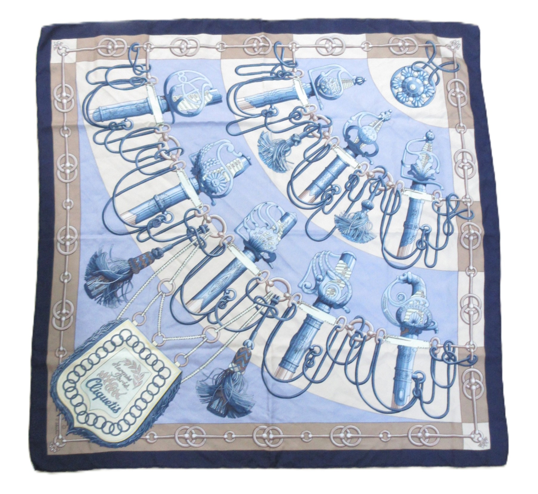 HERMES/エルメス　シルク　カレ90　「CLIQUETIS」　ブルー/ネイビー/ベージュ　スカーフ　【中古】