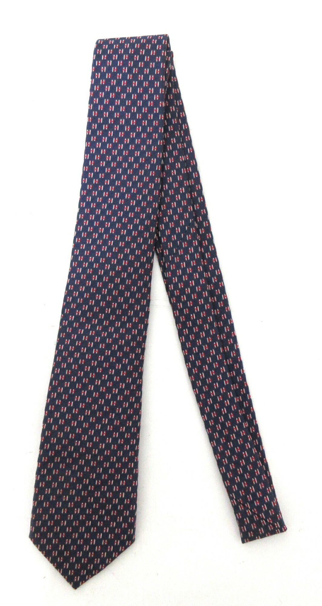 HERMES/エルメス Hロゴタイプ タイ 絹地１００ ネイビーレッド 【中古】
