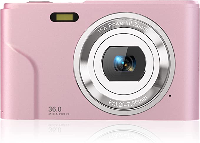 Rosdeca デジタル写真機 ディジカメ パウダーコンパクト 固定ディスク写真機 1080P 36MP 16倍望遠レンズ 連写 軽さ 持ちはこぶ助けになる 2.44inIPS画面 ミニ写真機 キッズ 大学生 映画化未経験者に当て嵌める さくら色