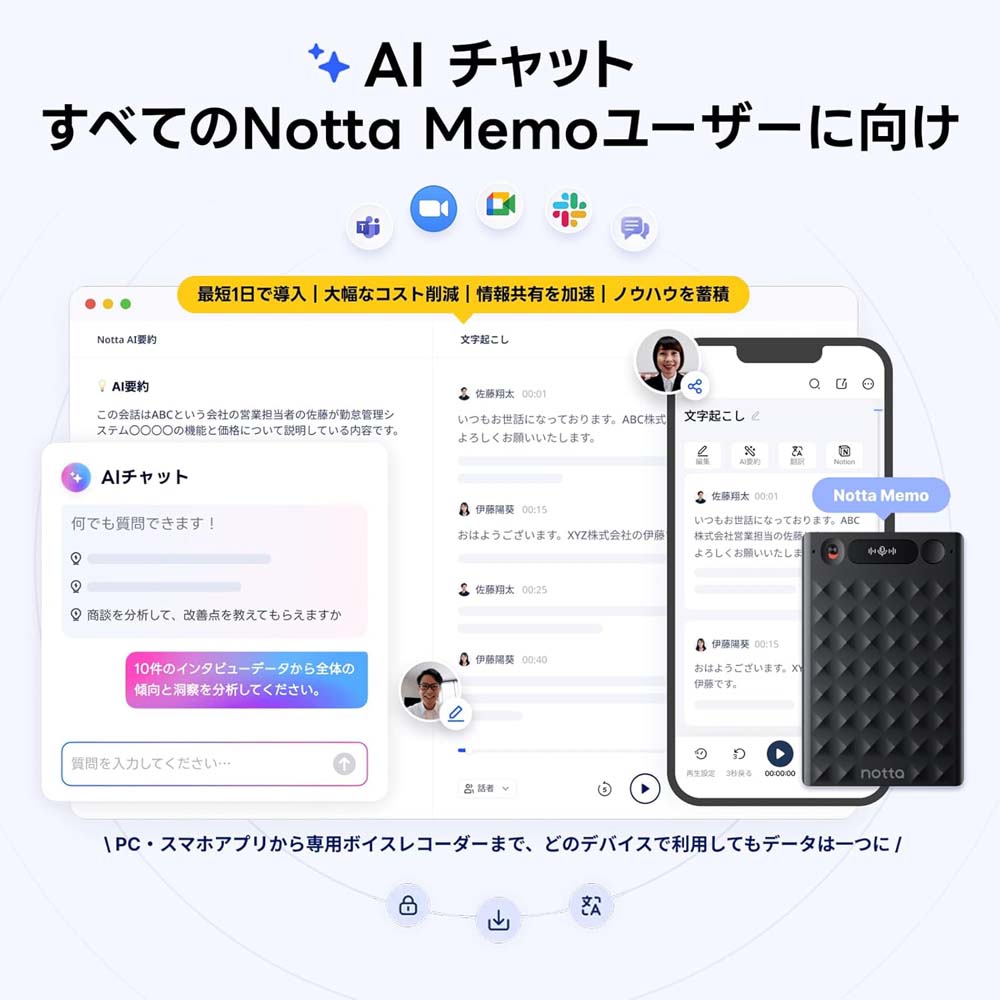 Notta Memo 専用ケース付 AI ボイスレコーダー 録音 文字起こし 要約 共有 翻訳42言語 議事録 Web会議 商談 ビジネス アイデア ノッタ メモ 軽量