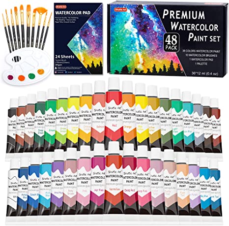 Shuttle Art 水彩絵の具 36色透明水彩 48点セット 筆10本 パレット 水彩紙付 12ml チューブ 大人の塗り絵 水彩画 お絵描き 美術 画材セット 学校用 幼稚園 初心者 専門家 プレゼント Fitzfishponds Com