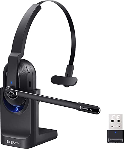 EKSA 業務用 ワイヤレスヘッドセット Bluetooth 片耳 USBドングル付属 通話ノイズリダクション 単一指向性 マイク搭載 オフィス用 超軽量 最大45時間使用 充電スタンド付き ハンズフリー 通話 web会議用 コールセンター パソコン用
