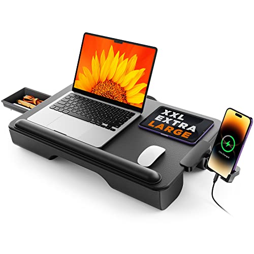 SAIJI 膝上テーブル テーブルクッション デスクトップ ノートパソコンデスク 引き出し付き PC クッション テーブル 膝上作業 PCデスク ひざ上 テレワーク 軽量トレイテーブル 持ち運び便利 17インチまでのノートパソコンとMacBookに対応 (ブラック）