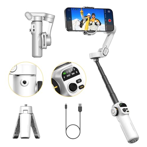 AOCHUAN iPhone用ジンバルスタビライザー、Vlog録画用顔/オブジェクトトラッキング機能付きiPhoneジンバル、7.8インチ延長ロッドとiPhone/Android用OLEDディスプレイ付き3軸電話ジンバル-Smart X2ホワイト