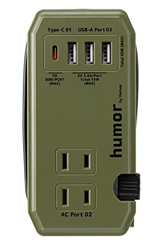humor handy Plus 充電器 acアダプター AC 2ポート PD30W対応 Type-C 1ポート USB 3ポート 電源タップ [オリーブグリーン]
