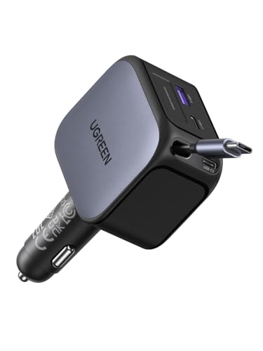 UGREEN 【70cm巻き取り式】合計145W シガーソケット 車でパソコン作業可能 USB-C ケーブル内蔵 片手で長さ・角度調整可能 「車の便利グッズ 収納」PD・PPS対応 パソコン・スマホ・タブレットなどType-C適合