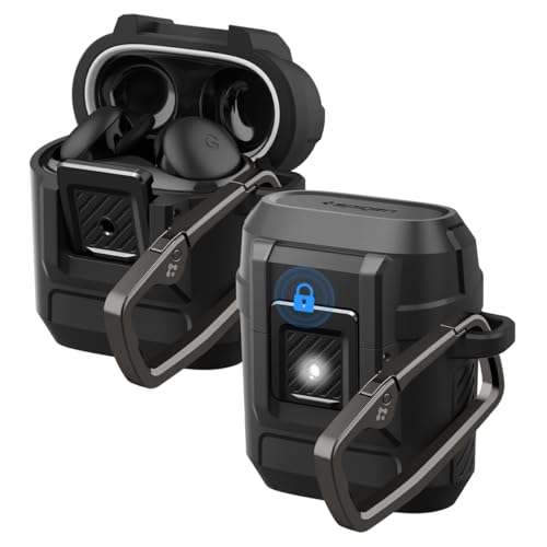 Spigen Pixel Buds 2a ケース ロック機能 ワイヤレス充電 紛失防止 カラビナ付き 一体型 耐衝撃 カバー 衝撃吸収 充電ライト ロック・フィット ACS09481 (マット・ブラック)