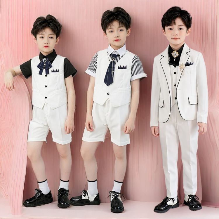 男の子 スーツ フォーマル スーツ 入学式 スーツ 子供 スーツ キッズスーツ 卒業式 男の子 スーツ ジュニア スーツ 卒業式 ジャケット ベスト ズボン ネクタイ付 結婚式 発表会 小学生 キッズ フォーマル 子供服 紳士 ウェスト ホワイト ストライプ ブラック 七五三