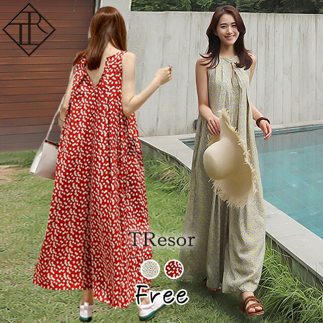 All-in-one casual setup, women's pants, dress, top and bottom set, long length, v-neck, sleeveless, wide pants, floral pattern, resort, travel, outing, loose fit, cover, oversized, big silhouette, jumpsuit