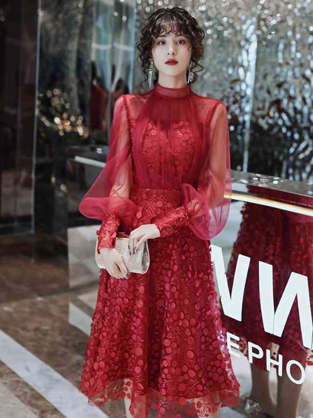 レディースファッション ドレス お洒落 可愛い ハイネック ふんわり シースルー レース フォーマル エレガント 膝下 ミディアムドレス ミディアム 大きいサイズ パーティー お呼ばれ 二次会 レディース ワンピース ドレス 結婚式 P10倍 要ｴﾝﾄﾘｰ パーティードレス