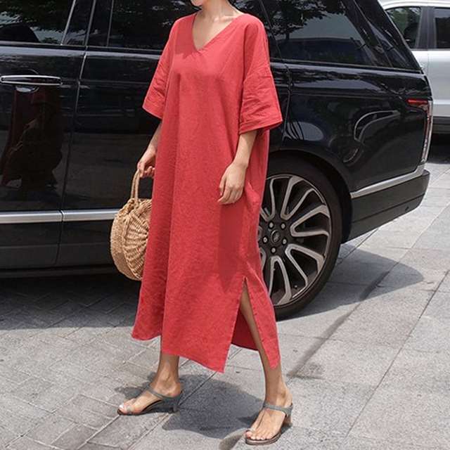 ワンピース レディース ひざ丈 ワンピース カジュアル 五分袖 大きいサイズ 春 夏 リゾートワンピ 裾スリット ミドル丈 コットン リネン Vネック フェミニン ナチュラル シック ゆったり ラフ お呼ばれ デート