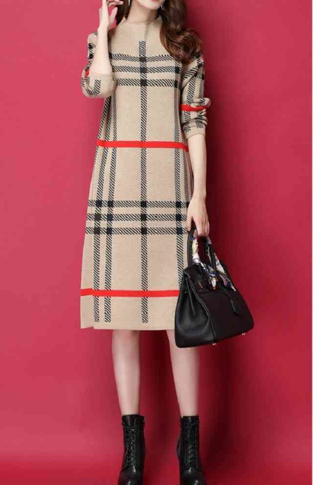 楽天市場 限定価格 アフターセール ニットワンピース レディース ワンピース 冬 長袖 秋f冬 ニット ワンピース 大きいサイズ 30代 40代 50代 ワンピース ひざ丈 あす楽 ワンピース チェック 柄 大人可愛い ハイネック かわいい おしゃれ 綺麗 Tresor Clothes 楽天市場店