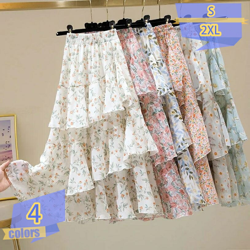 フラワースカート ロングスカート 花柄 レディース フレアスカート 春 夏 シフォン 裏地付き ハイウェスト ウエストゴム かわいい Aライン 着痩せ 美尻 通勤 OL 普段着 デート リゾート シフォン ロングスカート スカート tribal-shop