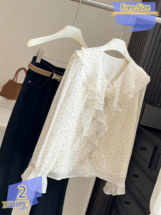 フリル Vネック シフォンブラウス レディース 韓国ファッション トップス ブラウス ドット柄 シフォン 長袖 薄手 透け感 大人 上品 高見え 着痩せ おしゃれ エレガント お出かけ デート 春 夏 カジュアル tribal-shop