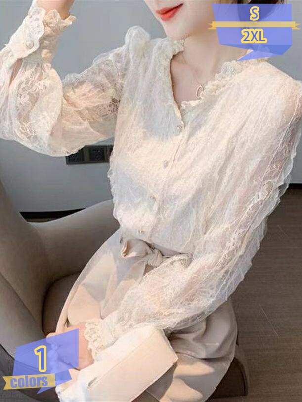 フリル ロングブラウス 長袖 襟付 シャツ ロングスリーブ レディース オフィス カジュアル オシャレ かわいい 春 秋 夏 シフォン ホワイト 白 エレガント 優雅 薄手 通勤 OL レース カットソー きれいめ tribal-shop