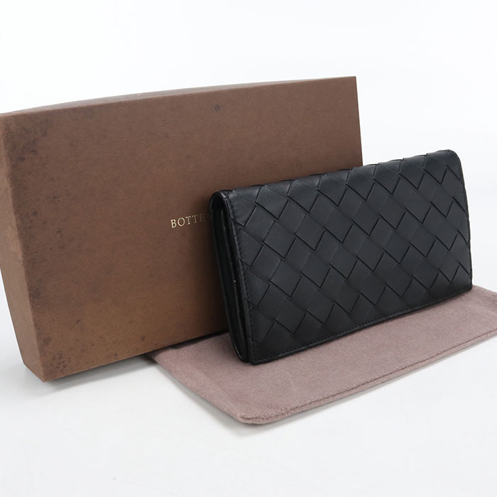 【中古良品】BOTTEGA VENETA ボッテガ・ヴェネタ 長財布二折 814673 コインパース付きロングウォレット イントレチャート メンズ ブラック｜Tricolore ［トリコローレ］