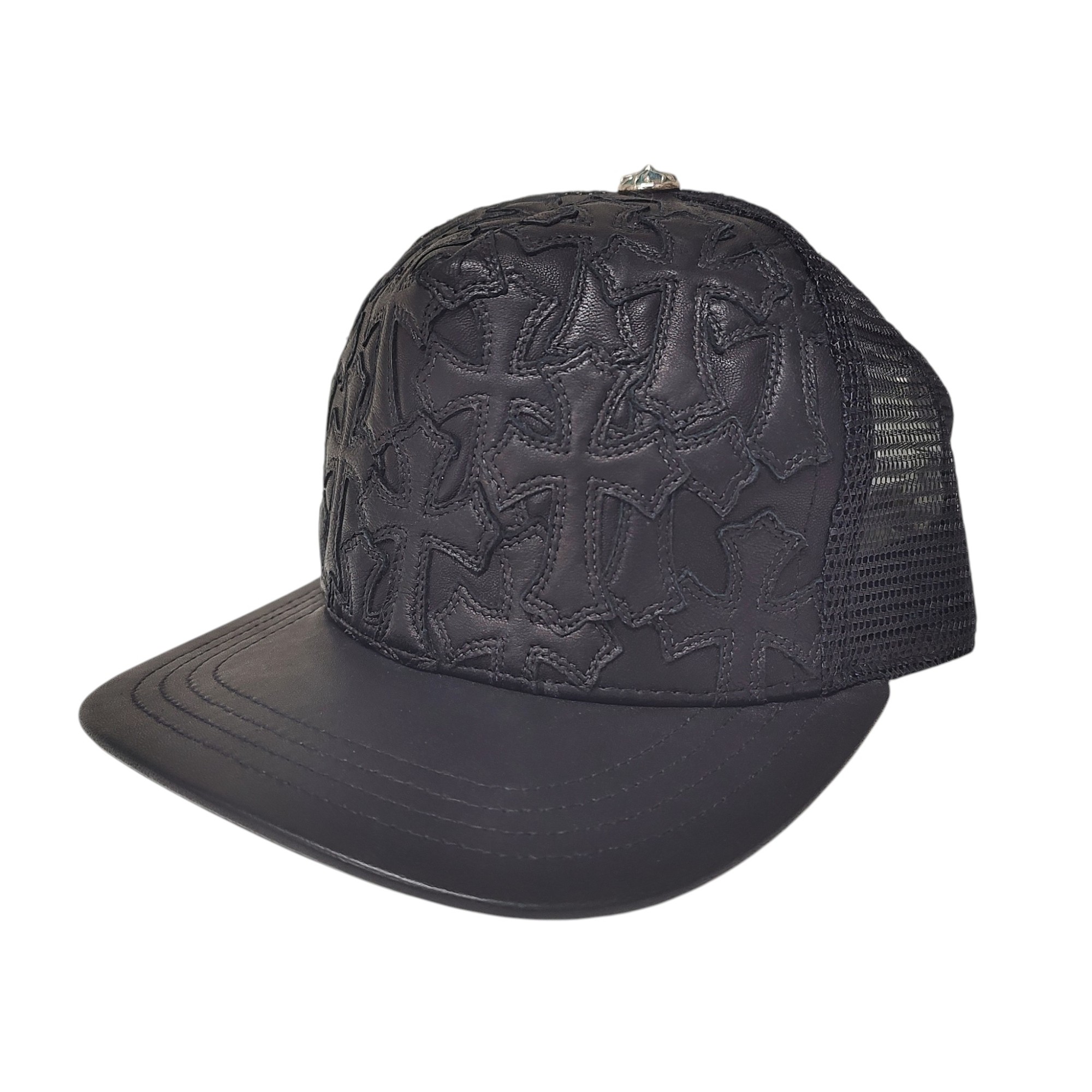 【中古】Chrome Hearts クロムハーツ セメタリー はりつけ台継ぎ切れ なめし革 メッシュ トラッカー 旗がしら os 黒いこと