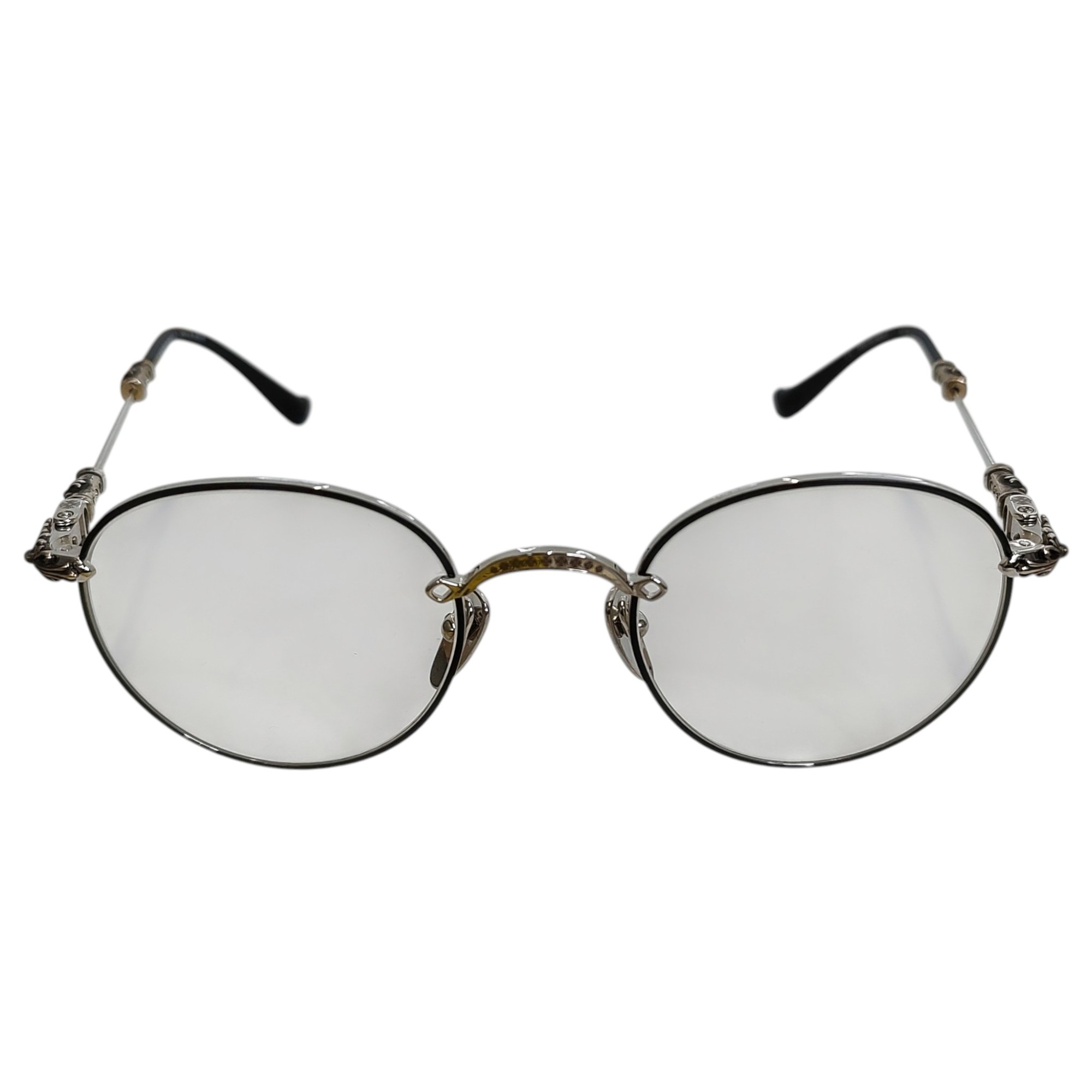【中古】Chrome Hearts クロムハーツ BUBBA-A クロステンプル 金属元素枠組み ラウンド メガネ 書き出し正本 49□22-145  しろがね色×黒いこと メンズ/レディース