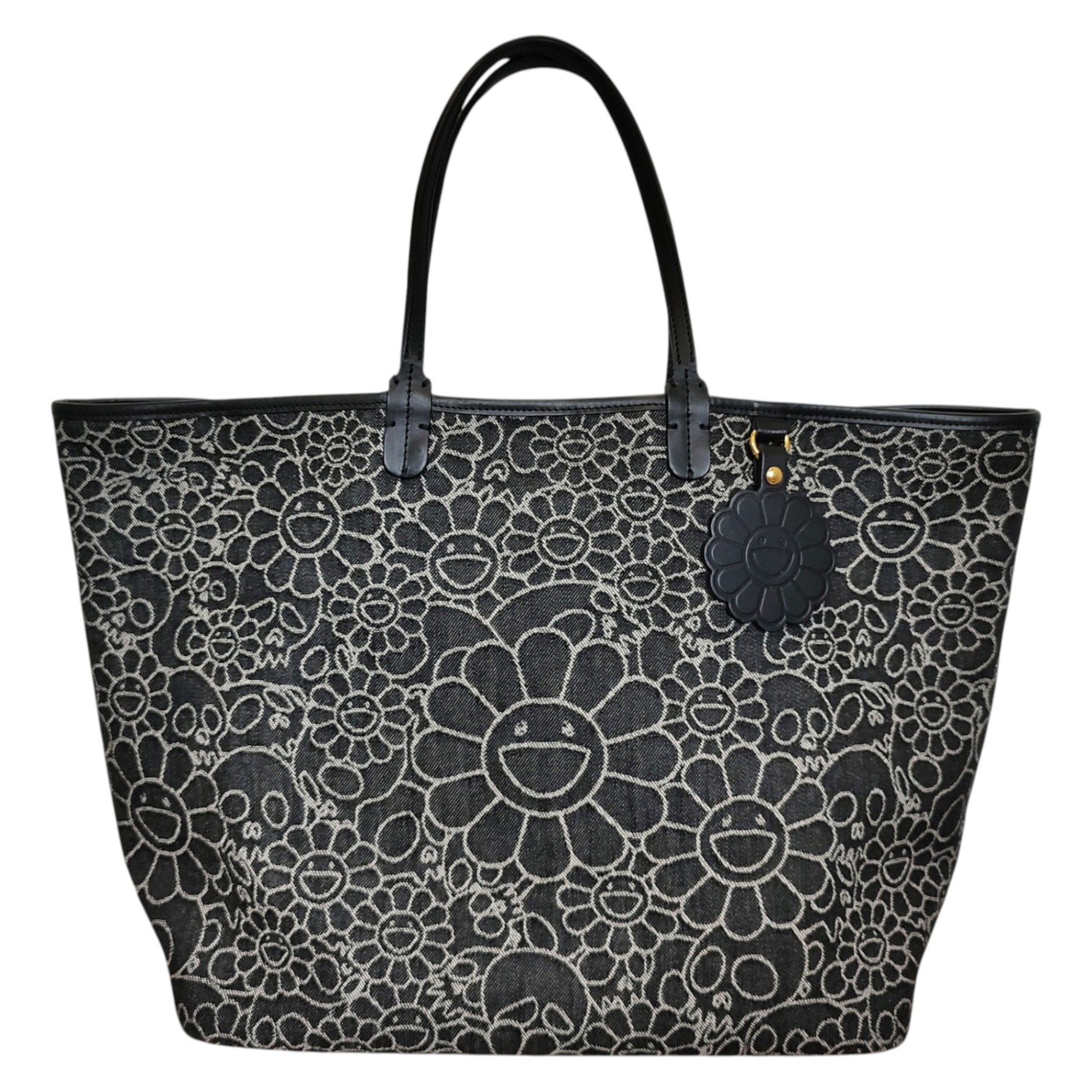 【中古】Takashi Murakami / kaikai kiki 村上隆 カイカイ キキ Flowers \u0026 Skulls Jacquard Denim Leather なめし革 トートバッグ F 黒いこと×白いこと メンズ