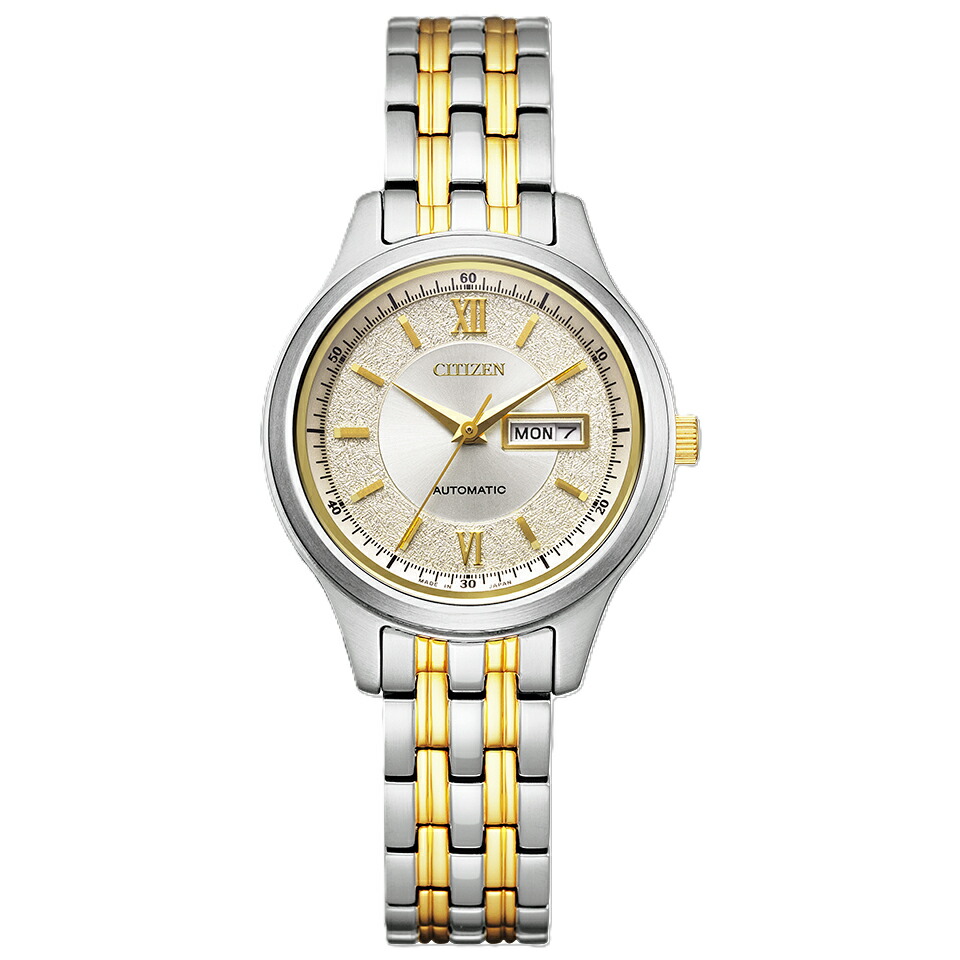 CITIZEN COLLECTION シチズン寄せあわせ PD7154-61P しろがね色×黄色ゴールド 機械類式 シースルーバック 恒星日＆デイト Mechanical