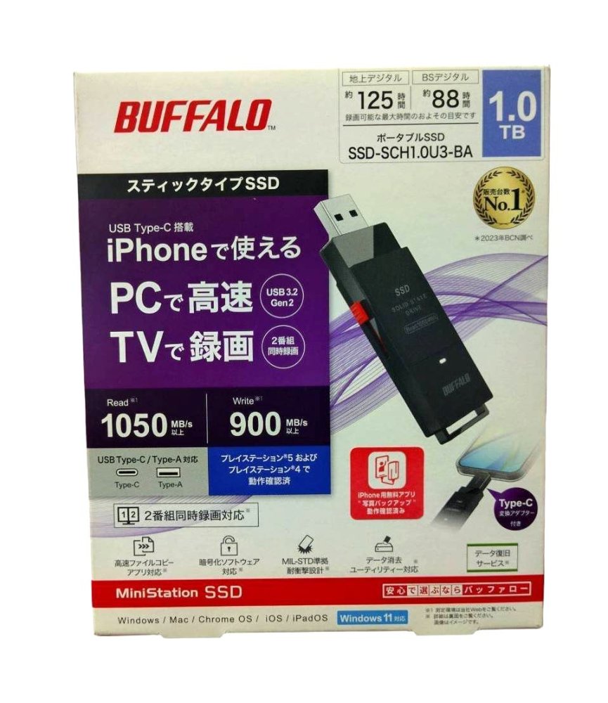 BUFFALO バッファロー SSD-SCH1.0U3-BA スティックタイプSSD Type-C変換アダプター付属 1TB ポータブル型 TV録画|トリプルハート