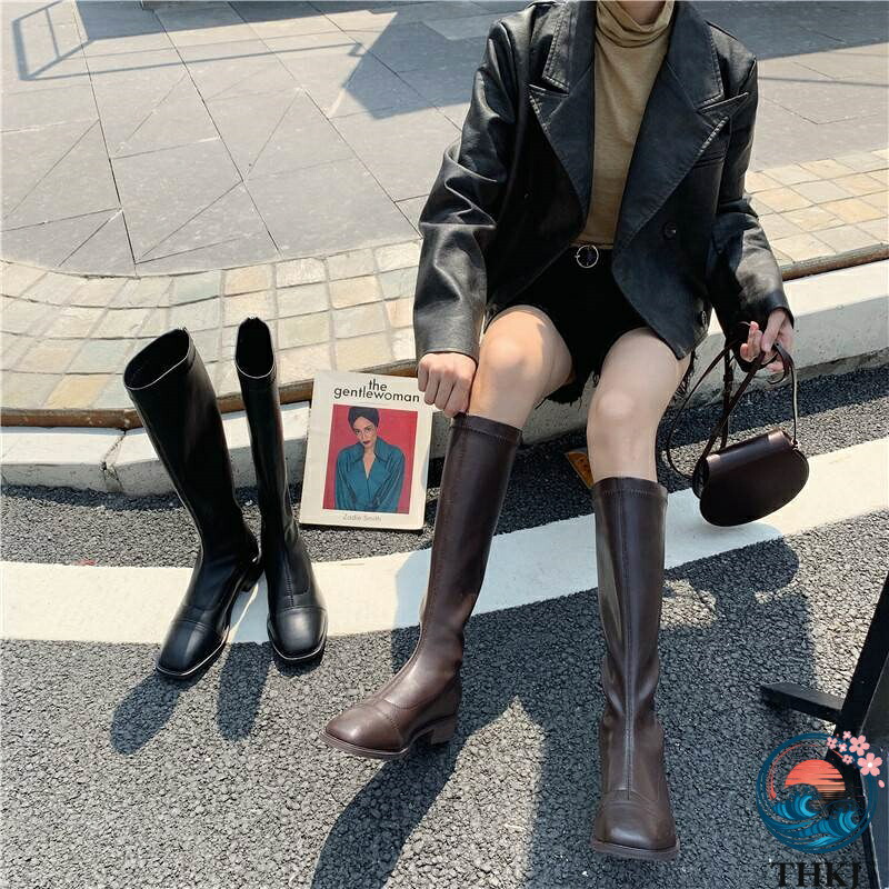 【全品5%ポイント】太 ヒール スクエアトゥ ロング ブーツ シューズ 靴 くつ クツ 3cm チャンキー ロー 歩きやすい 履きやすい PU素材 かわいい 大人 可愛い シンプル｜TRIPLE WINGIFU