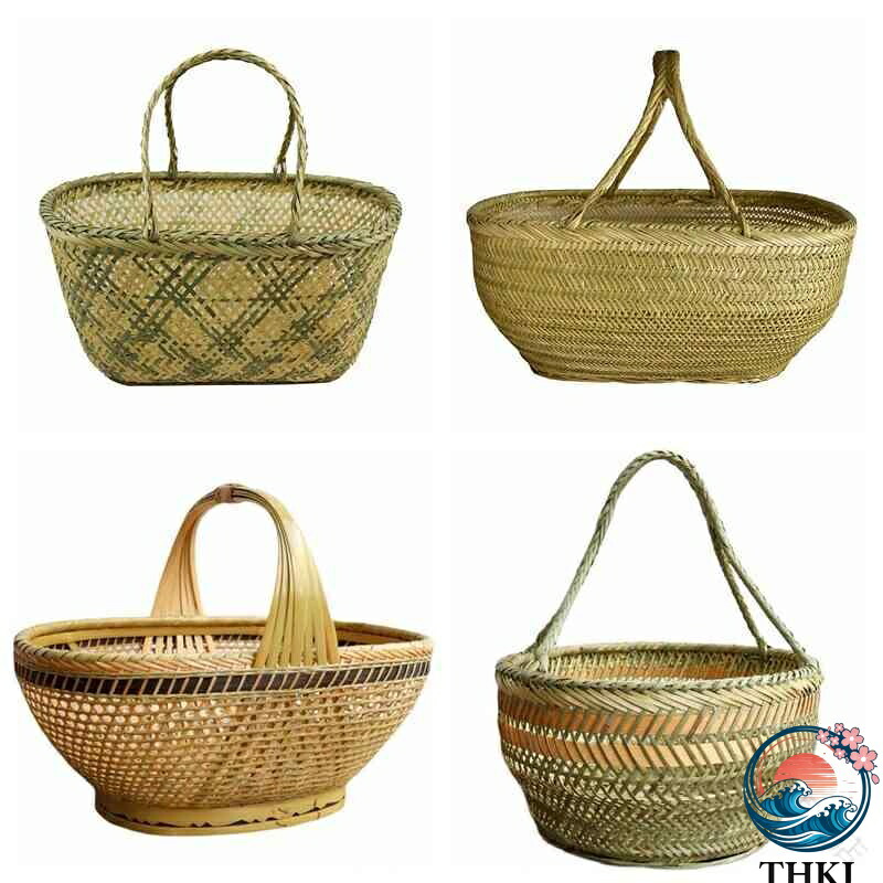 【全品5%ポイント】かご 手編み 竹製 持ち手付き バスケット 円形 楕円形 野菜 果物 卵 収穫用 農作業 買い物 ピクニック 収納 特産品 自然素材 田園風 ナチュラル 青色系|TRIPLE WINGIFU