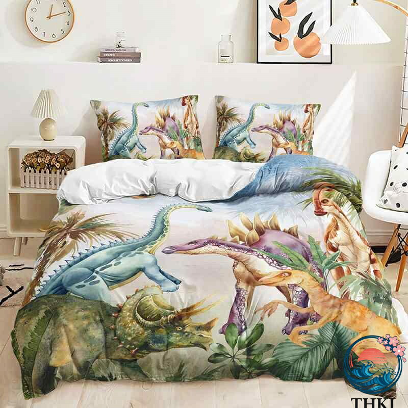 掛け布団カバーセット ピーチスキン加工で柔らかな肌触り 恐竜柄や動物のポップでかわいいデジタルプリント ポリエステル シングル セミダブル ダブル対応 3点セット寝具カバー