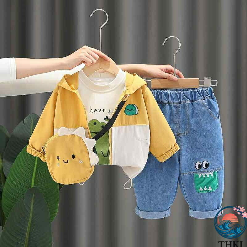 キッズ 男の子 セットアップ 春秋用 恐竜デザイン ジップアップパーカー 長袖 ロングパンツ ミニバッグ付き 柔らかなコットン素材 3点セット かわいい 普段着 部屋着 子供服
