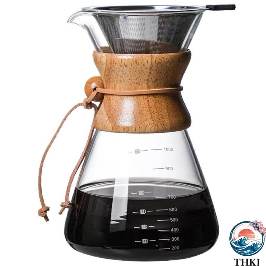コーヒーサーバー 400ml 600ml 800ml 1000ml 耐熱ガラス コーヒーポット THKJ 木製スパウト熱保護 電子レンジ可 ステンレスフィル 使いやすい 便利 快適